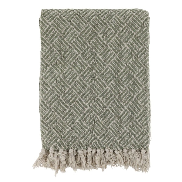 OZDOBNY PLED Z FRĘDZLAMI ZIELONY Verte Cream Rustic Styl Chic Antique