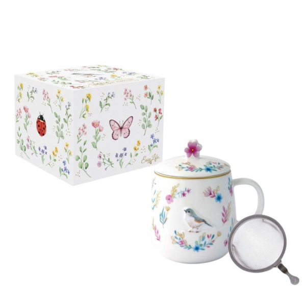 Romantyczny Ogród Ptaszek – Kubek Porcelanowy z Pokrywka i Zaparzaczem w Pudełku 450 ml